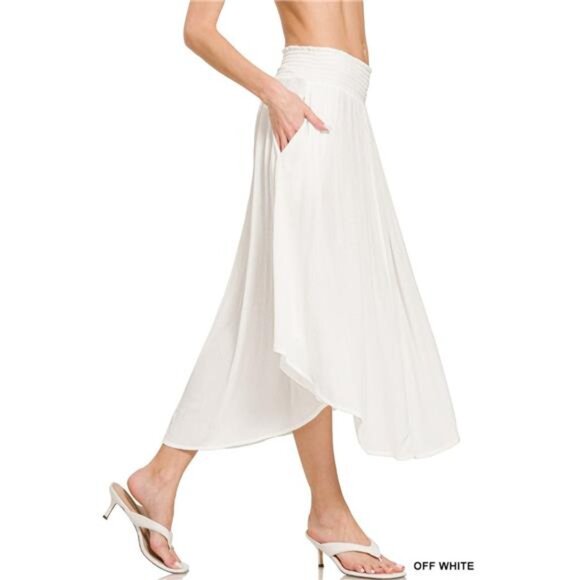 Zenana Woven Crinkle Smocked Waist Maxi Skirt W Pockets - Off White - Picture 2 of 3